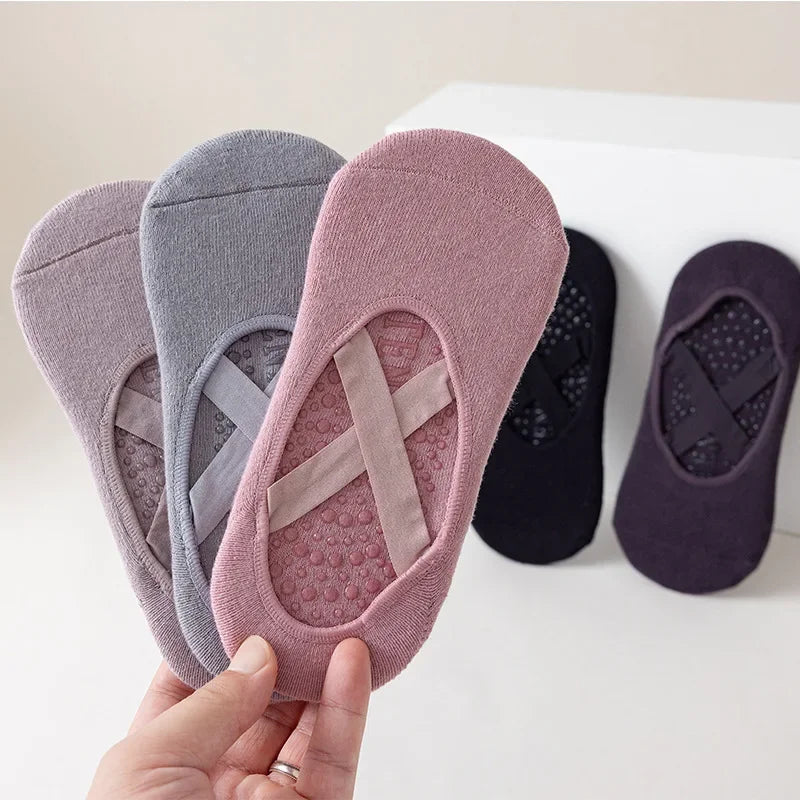 1 pair Professional Yoga Socks,  Cotton Strapping Silicone Anti-Slip Pilates Fitness Dance Floor Socks