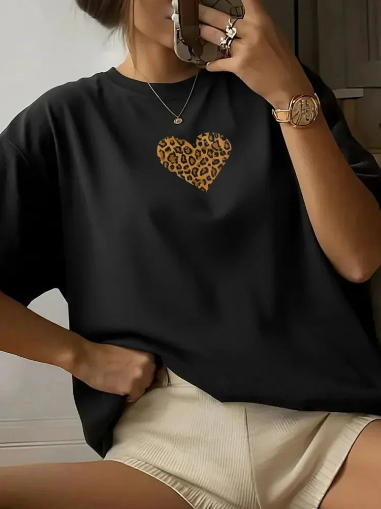 American Street Ins Pink Leopard Print Love Print Student Korean Version Summer Short-sleeved Top T-shirt Y2k Graphic T shirts