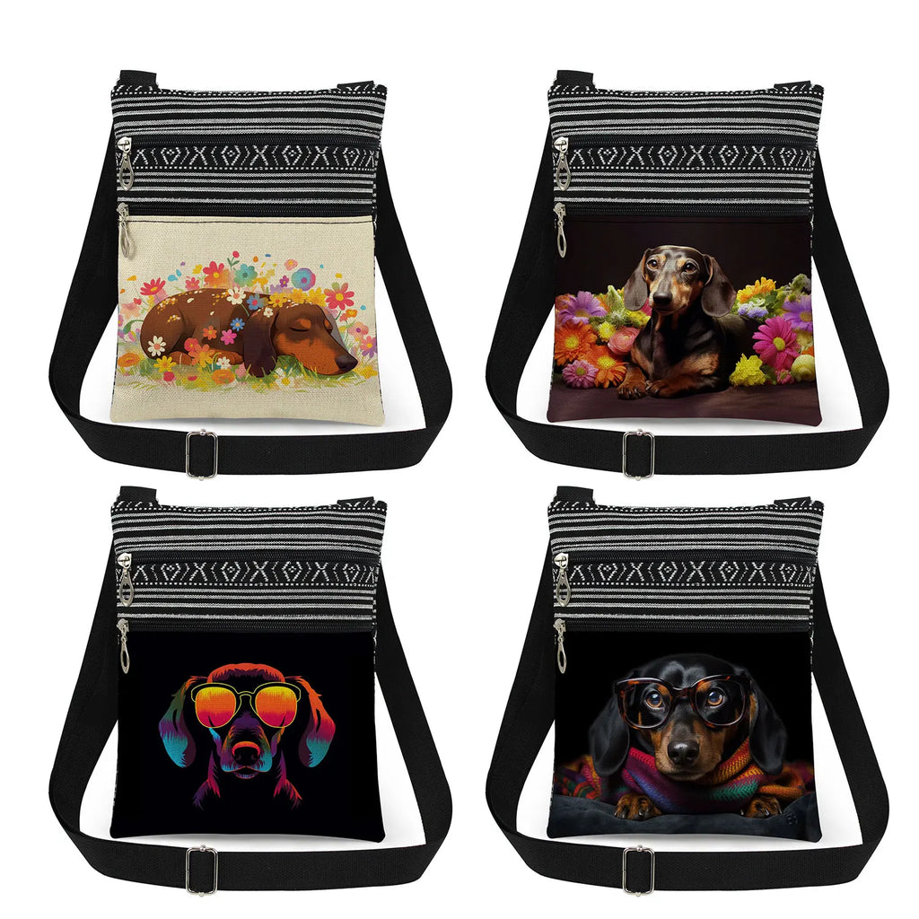 Cute Dachshund Print Crossbody Bag Female Floral Animal Shoulder Bags Fashion Outdoor Portable Double Zipper Lady Messenger Bag
