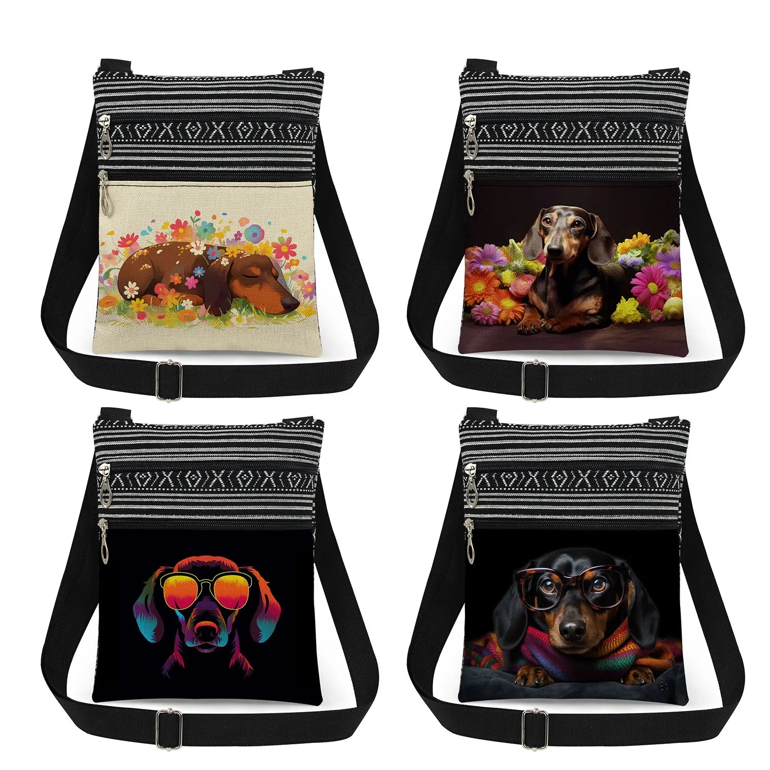 Cute Dachshund Print Crossbody Bag Female Floral Animal Shoulder Bags Fashion Outdoor Portable Double Zipper Lady Messenger Bag