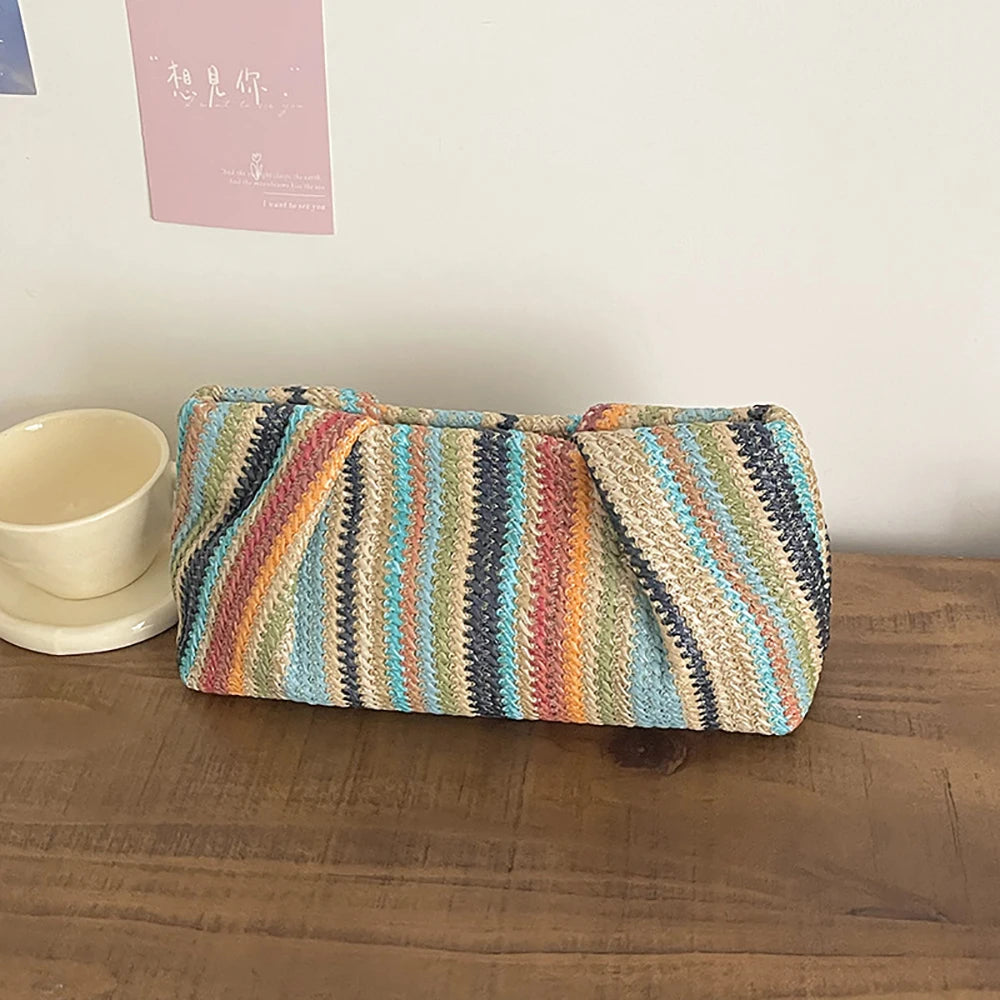 Colorful Striped Woven Clutch Bag for Ladies Summer Beach Vacation Casual Rectangle Handbags Versatile All-Match Phone Bags