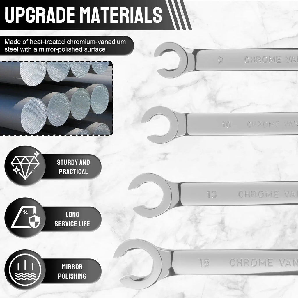 4Pcs Flare Nut Wrench Set Double End Metric 9 10 11 12 13 14 15 17mm Mirror Polished Surface Robust Etch Resistant for Machinery