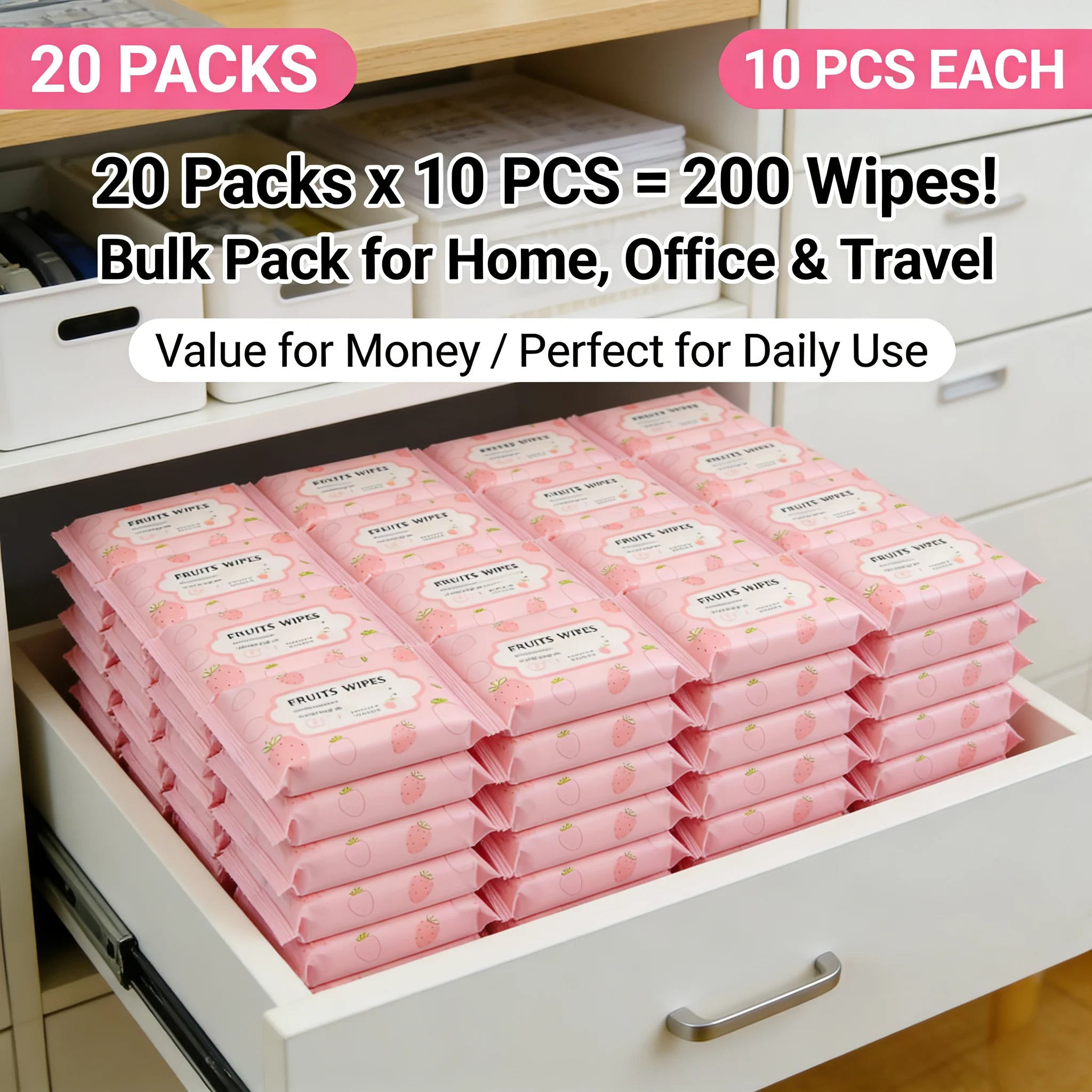 Super Value Baby Wipes 20 Packs X 10 Sheets (200 Counts) EDI Pure Water Gentle Cleaning for Home Travel Outdoor School Daily Use