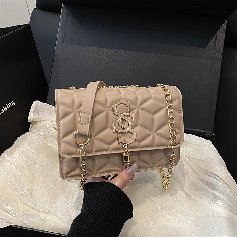 Fashionable Small Fragrant Style Argyle Quilted Small Square Bag Metal Letter Tassel Diagonal Cross Bag Commuter Shoulder Bag