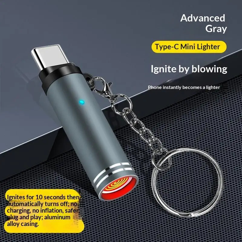 Type C Mini Lighter Blow-to-Ignite Auto Shut-Off For Air Travel Outdoor No Battery No Flame Portable Safety Lighter Adapter