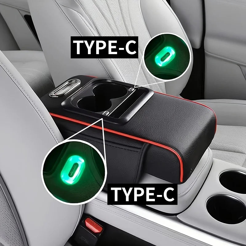 Dual Type-C Ports with Lighted Sockets, Universal Integrated Multifunctional Car Center Armrest Box, Includes Adapter and Tissue Holder