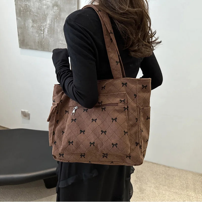 Large Capacity Corduroy Casual Tote Bags For Ladies, Casual Bow Pattern Commuting Handbags Women's For Shopping