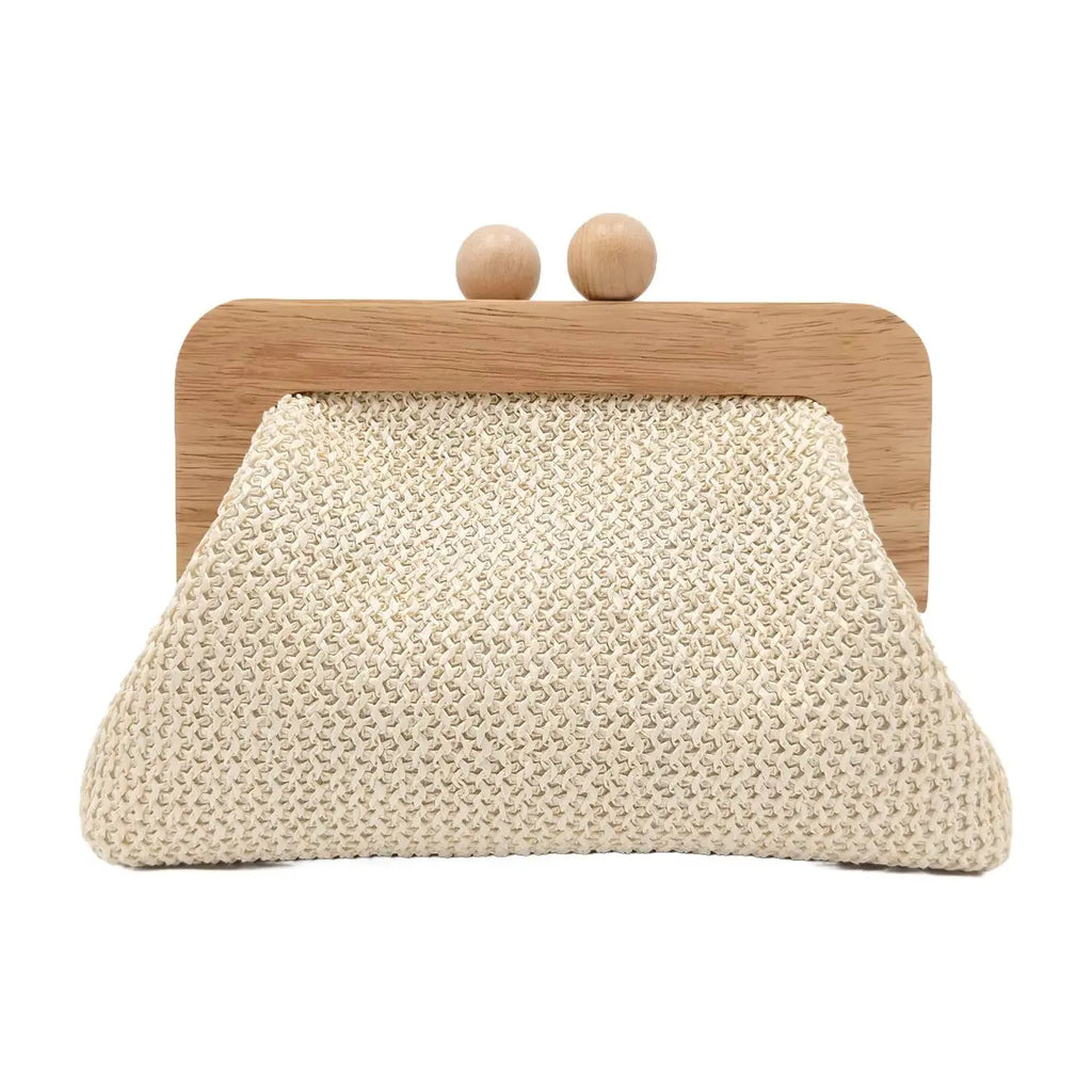 Summer bestseller straw woven clutch for women, wooden frame woven bag, bohemian style beach vacation bag. Off-white high-end te