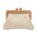 Summer bestseller straw woven clutch for women, wooden frame woven bag, bohemian style beach vacation bag. Off-white high-end te