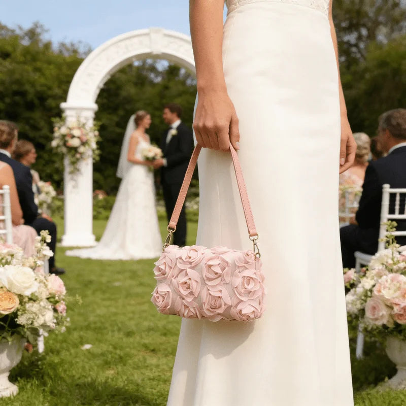 3D Rose Floral Crossbody Bag Faux Leather Zipper Closure Adjustable Strap Cylinder Shape Wedding Party Evening Purse