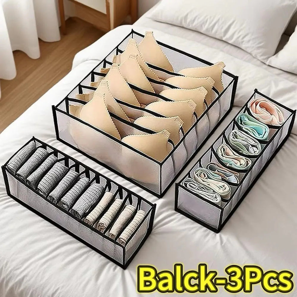 3-Pack Home Storage Boxes Foldable Plaid Underwear Combination Bags - Nylon Drawer Dividers for Socks Panties and Underwear