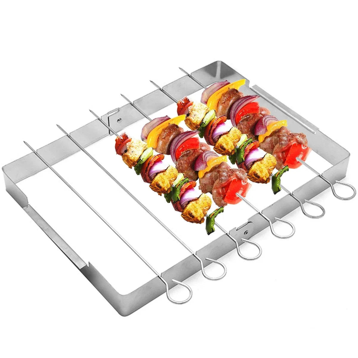 BBQ Skewer Rack Stainless Steel BBQ Metal Skewers Foldable Rotating Rotisserie Grill Rack with 6 Skewers for Outdoor Grills Tool