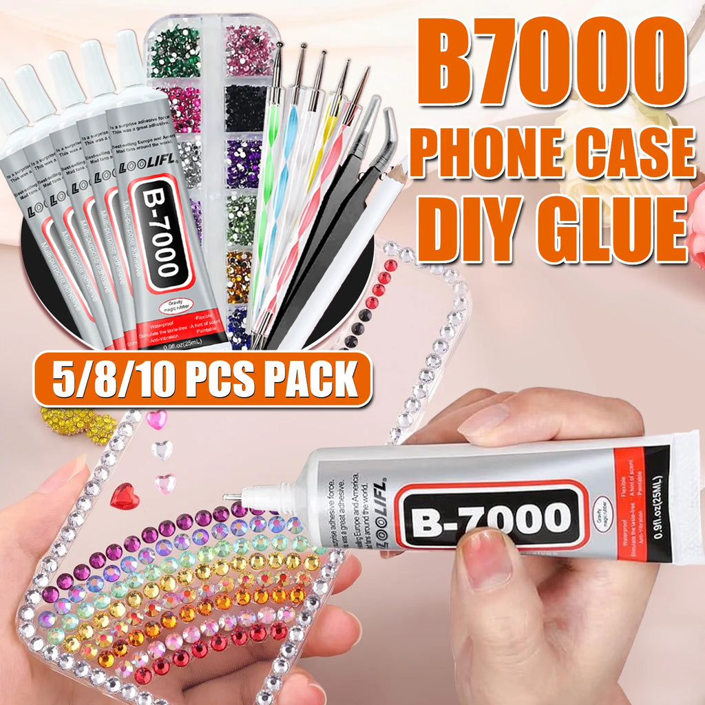 LOOLIFL B-7000 25ml Clear Glue + Nail Art Rhinestone Tools - Precise Tip Adhesive for DIY Manicure, Jewelry & Craft Repairs