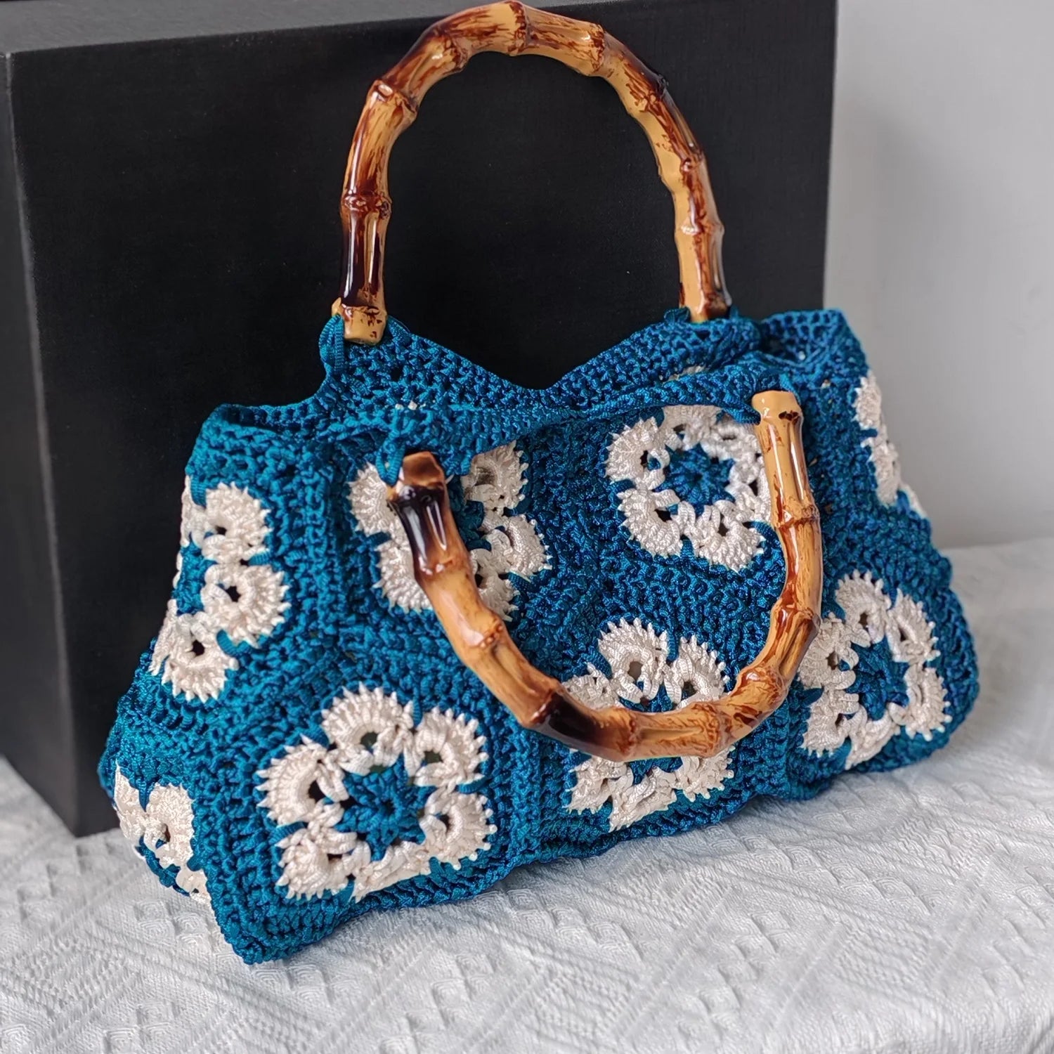 Handmade Crochet Granny Square Tote Bag with Bamboo-Style Handle, Vintage Woven Flower Pattern Shoulder Purse for Women