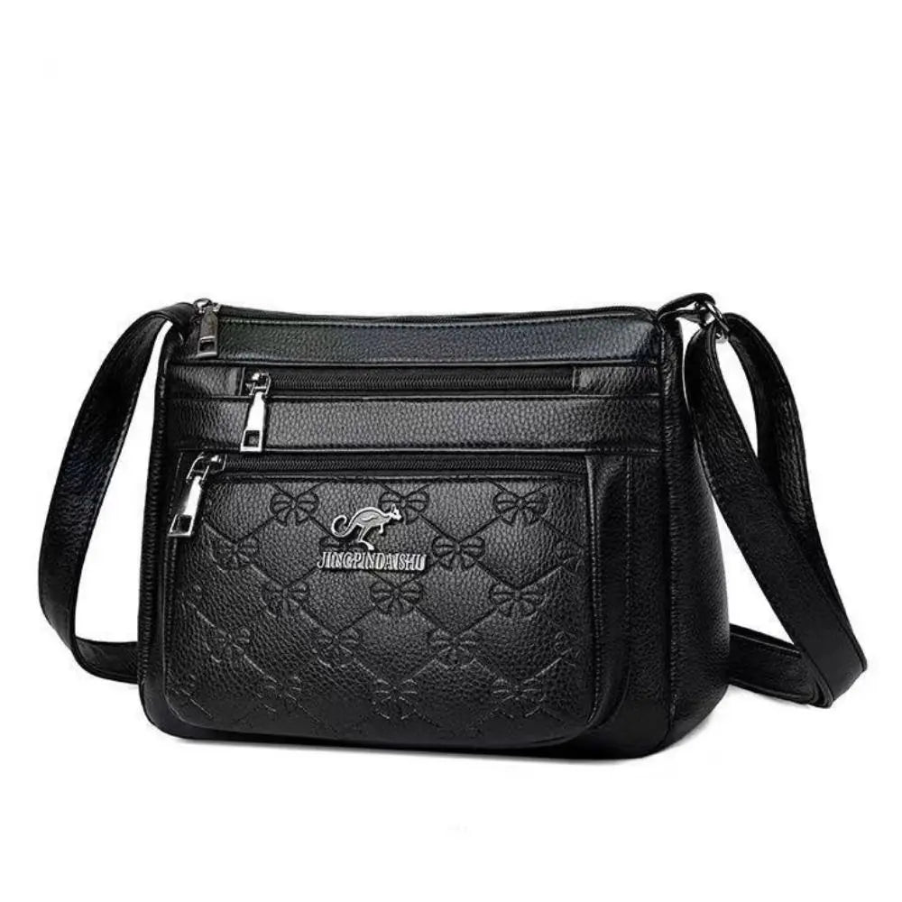 Fashion PU Leather Buying Vegetable Bag Black Multi-layer Middle-aged Mother's Bag Large Capacity Shoulder Messenger Bag Woman