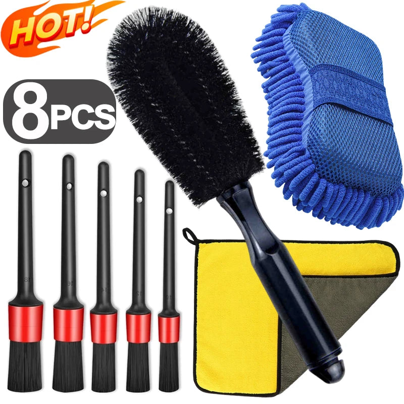 Car Washing Kit Detailing Cleaning Brush Sponge Wash Towel Cloth Tire Wheel Cleaning Brush Car Care Interior Exterior Clean Tool