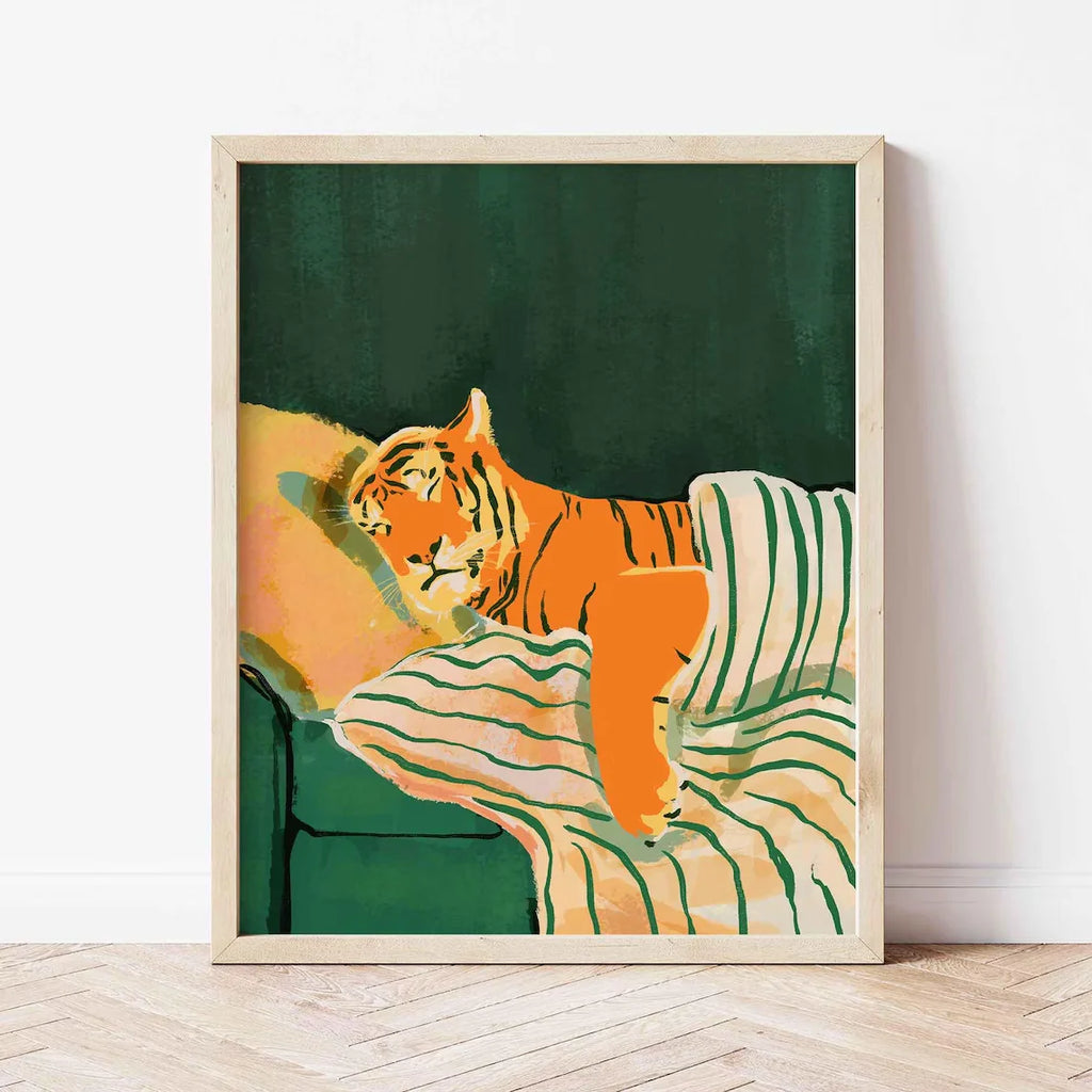 Emerald Green Tiger Art Print, Modern Animal Print, Dark Green Home Decor, Aesthetic Artwork, Green and Orange Painting, Shipped