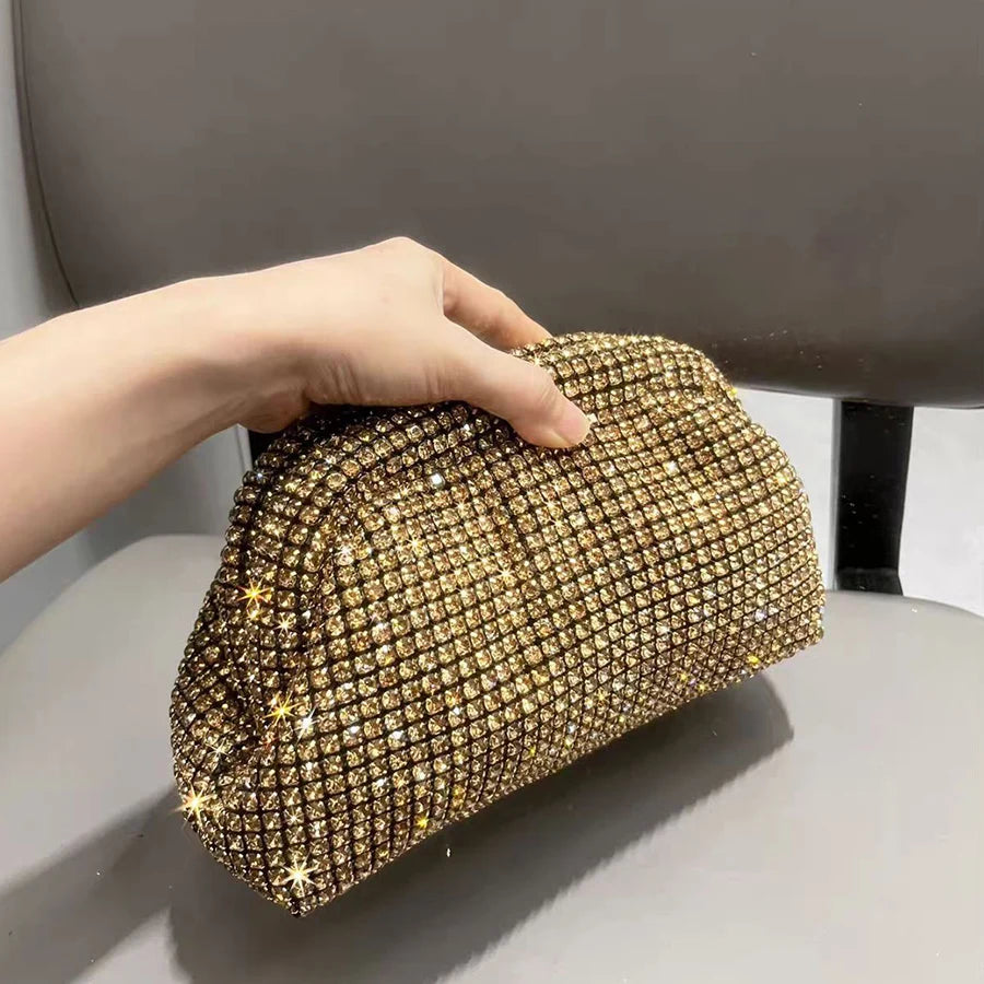 Luxury Shiny Rhinestones Handmade Evening Clutch Bags New Cloud Folds Purses and Handbags Wedding Party Chains Crossbody Bags