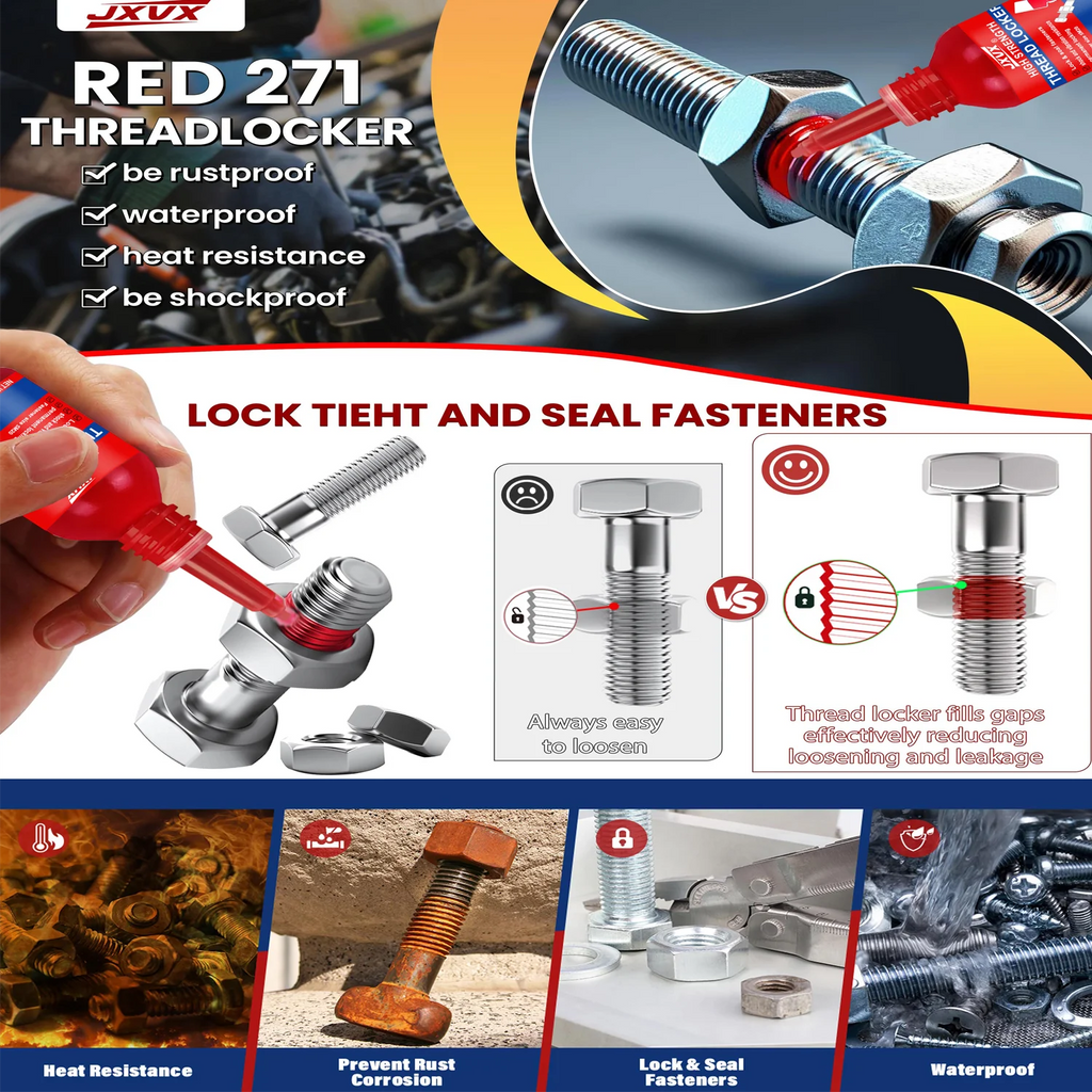 JXVX Threadlocker 10ml 271 High Strength Anaerobic Adhesive for Screw Fixing Anti-loosen Sealant Suitable for All Metal Threaded