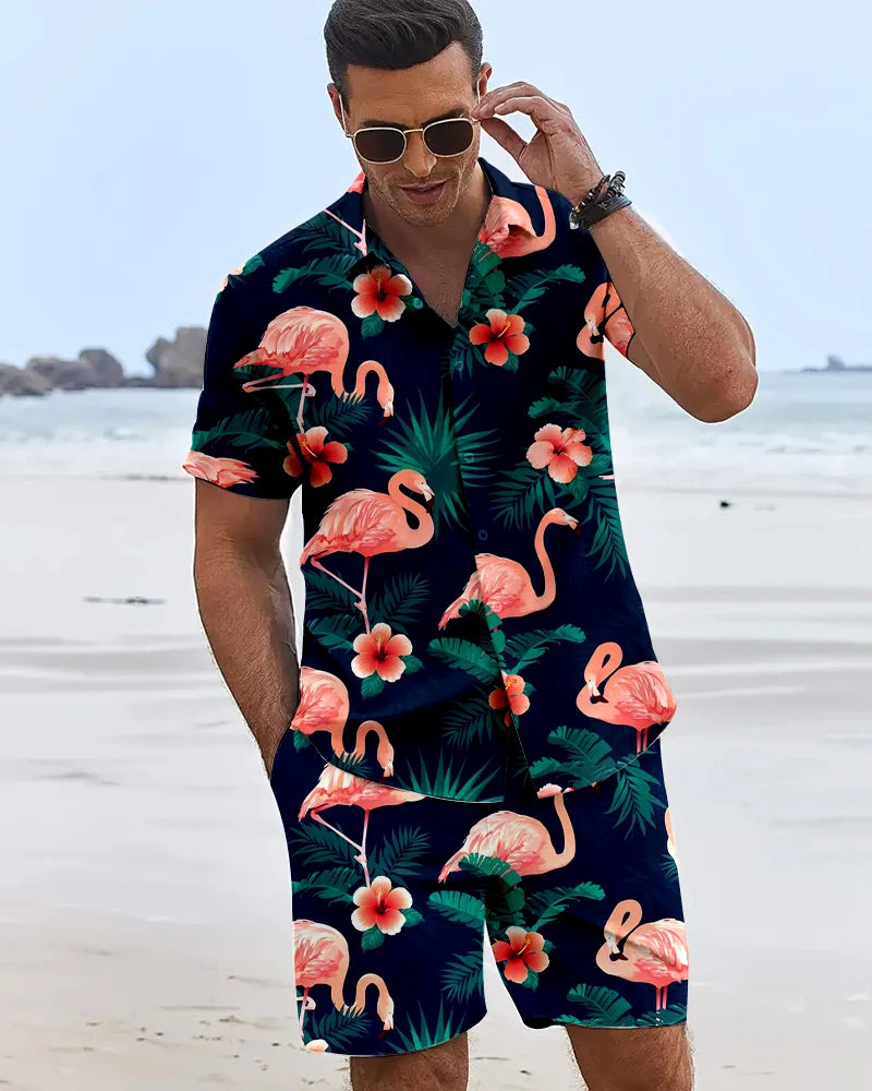 Funny 3D Flamingo Printed Men's Shirts Hawaiian Beach Vacation Short Sleeve Shorts 2 Piece Summer Hip Hop Trend Fashion Men Sets
