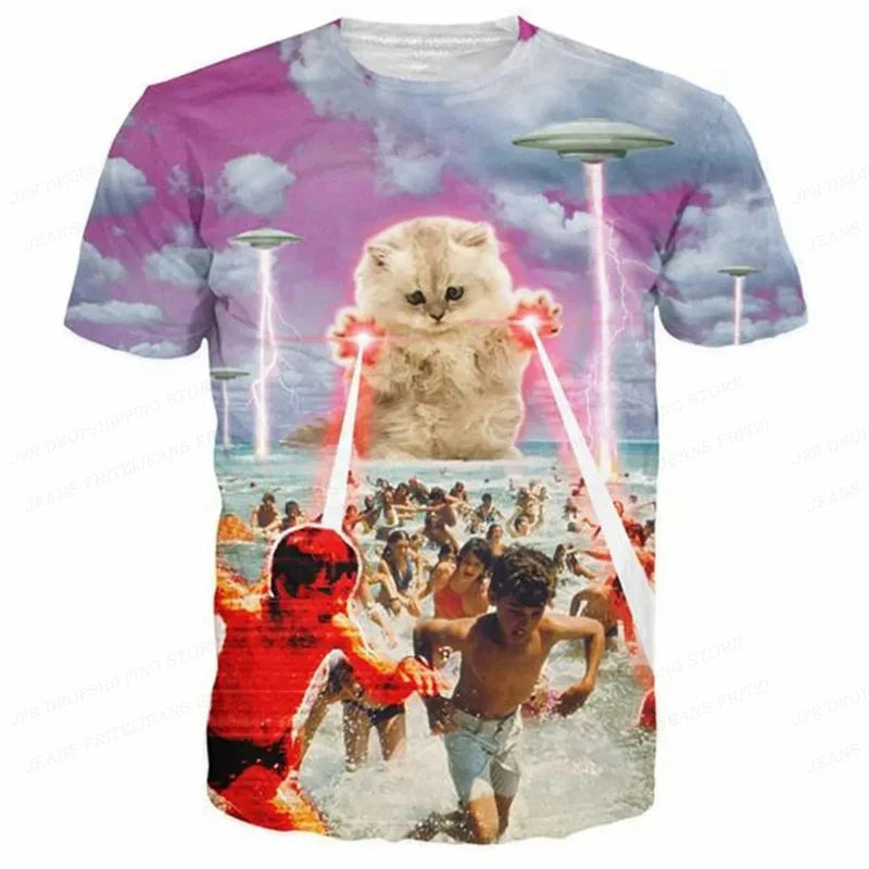 3D Printed Funny Cat T Shirt for Men Animal Food Pattern Tees Summer Street Oversize Short Sleeve Tops Loose Round Neck T-Shirts