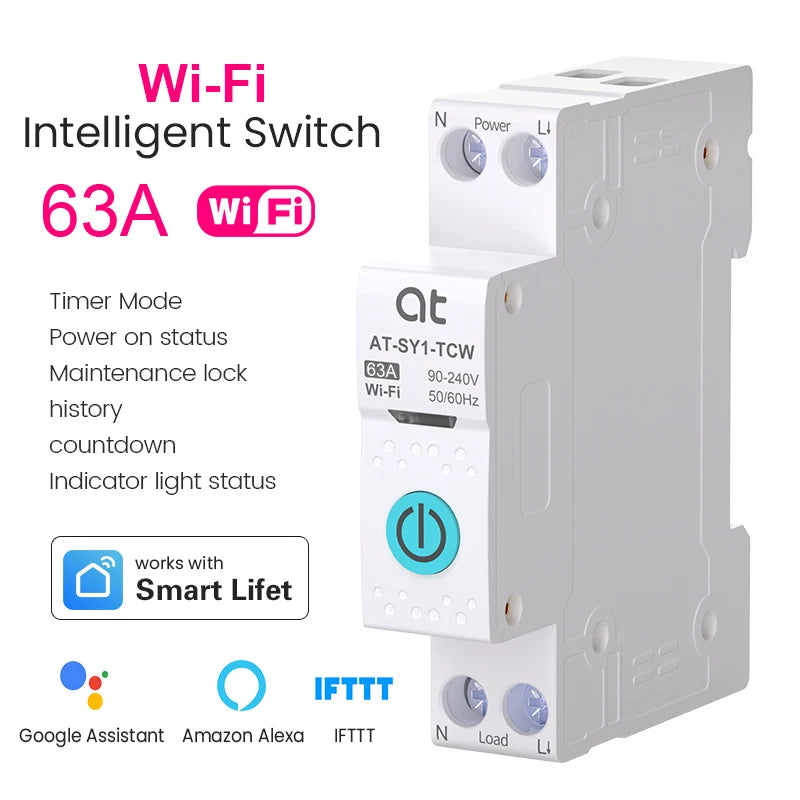 Tuya WiFi Smart Circuit Breaker 63A 1P DIN Rail for Smart Home Wireless Remote Control WiFi Switch by APP Metering Breaker