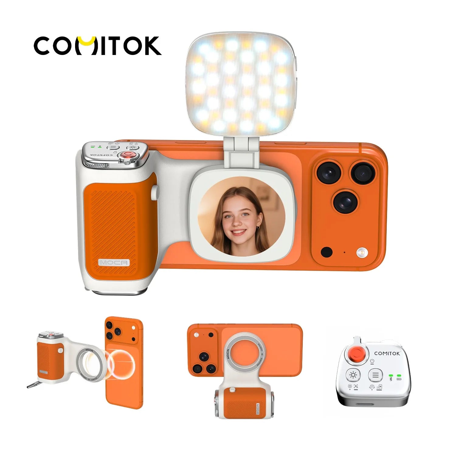 COMITOK MOCA iPhone Camera Assistant,1Click Lens Flip Shutter Grip/Detachable charging remote control+Optional Fill Light/Mirror