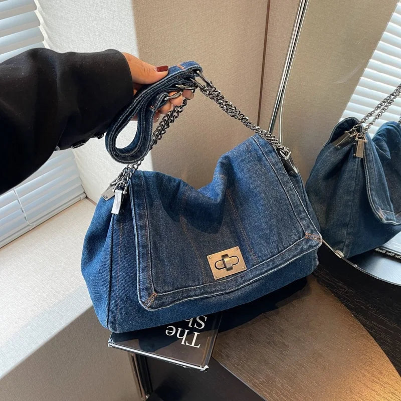 Retro Casual Denim Women's Bag New Senior Chain Shoulder Bag Large Capacity Commuter Tote Bag