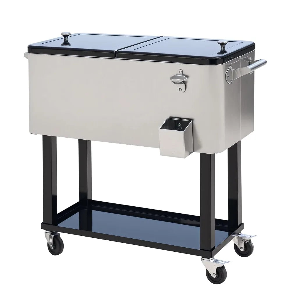 80 QT Wheeled Stand Up Drink Cooler Cart,Silver,For Outdoor Party, Custom