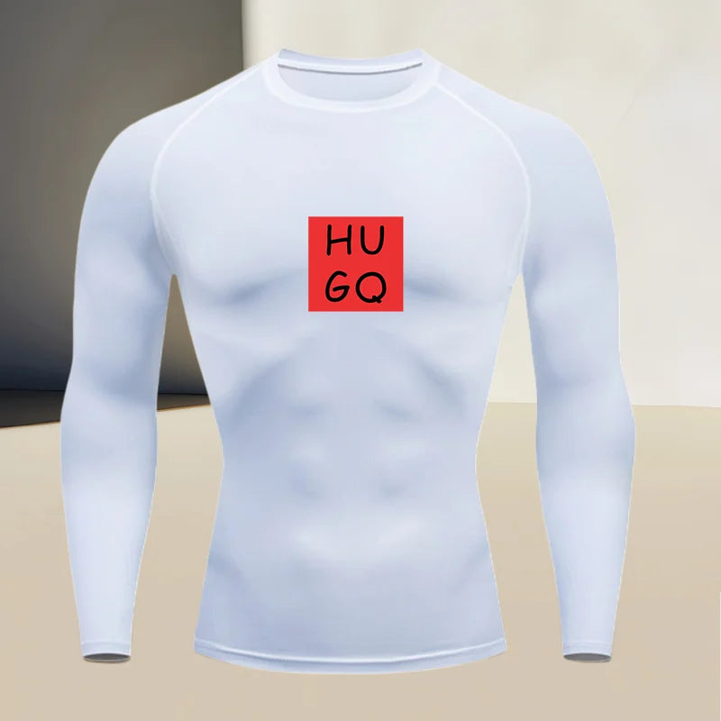 Men's gym compression quick drying base shirt, round neck long sleeved, high elasticity breathable fabric