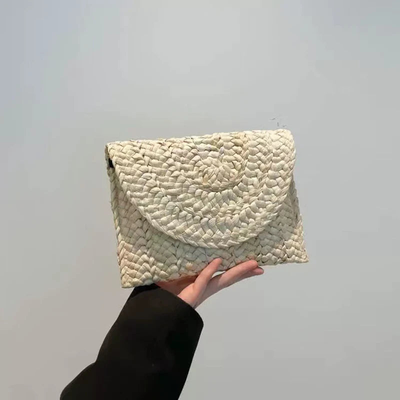 Women Fashion Flap Envelope Bags Summer Beach Bag Handmade Wallet Straw Knitted Handbag Lady Coin Phone Long Purse Clutches
