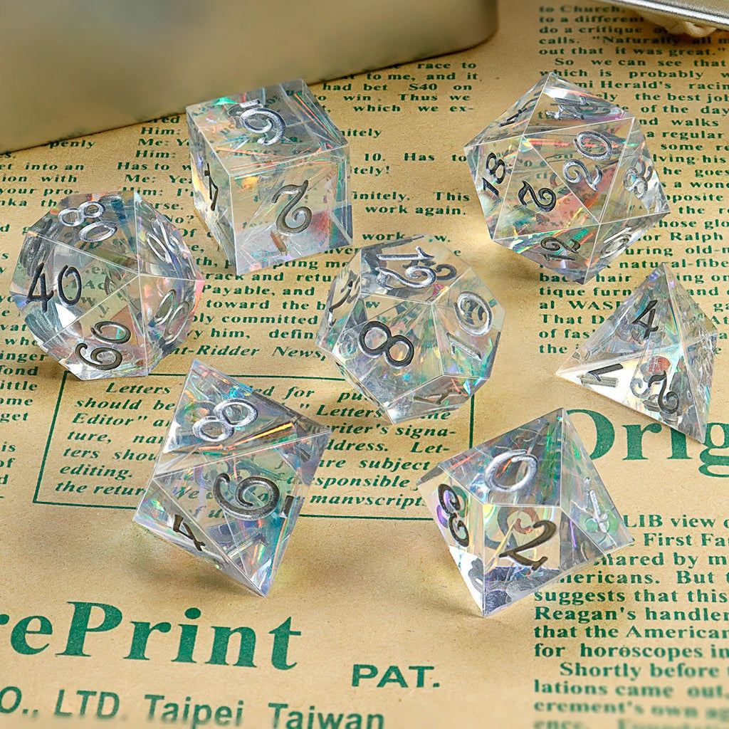 7-Piece Transparent Reflective Resin Polyhedral Dice - For Outdoor Games, Board Games, Holiday Gifts, With Gift Box Packaging
