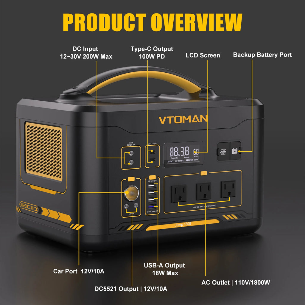 VTOMAN JUMP 2200 / JUMP 1800 Portable Power Station 828/1548Wh LiFeP04 Battery Solar Generator Solar for Home Outdoor Camping