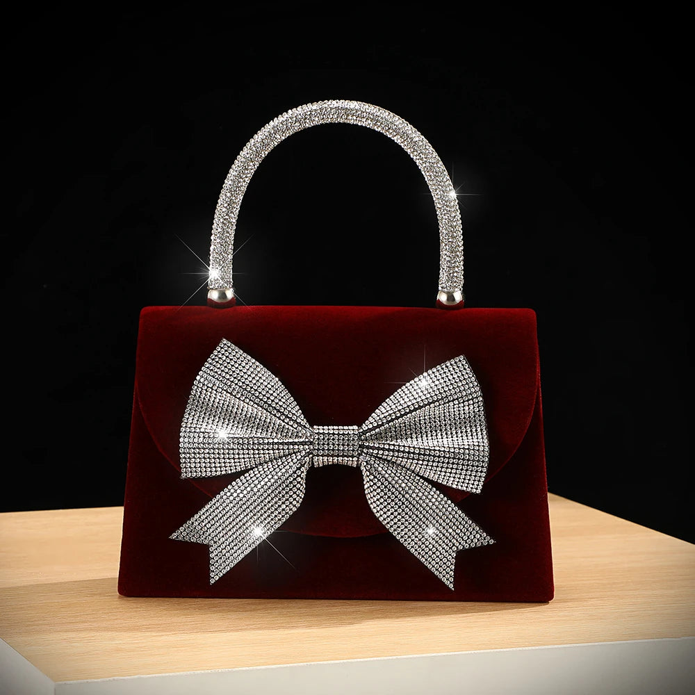 New velvet bow rhinestone handbag - luxurious evening dress bag - fashionable shoulder bag