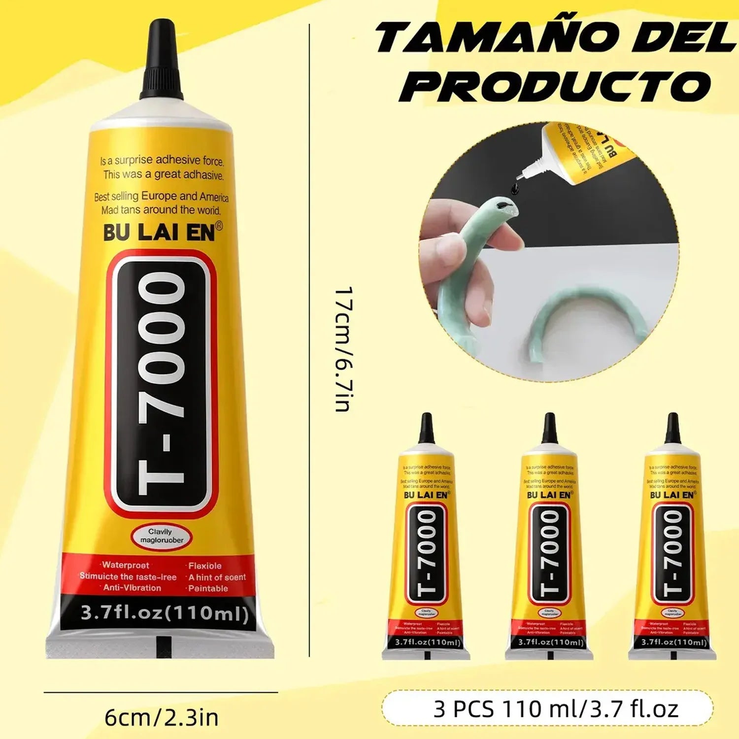 Black T-7000 glue, a semi-fluid black adhesive for precision repairs of crafts, electronics, phone screen replacements, do-it-yourself or DIY jewel making, and glass, wood, metal, and stones.