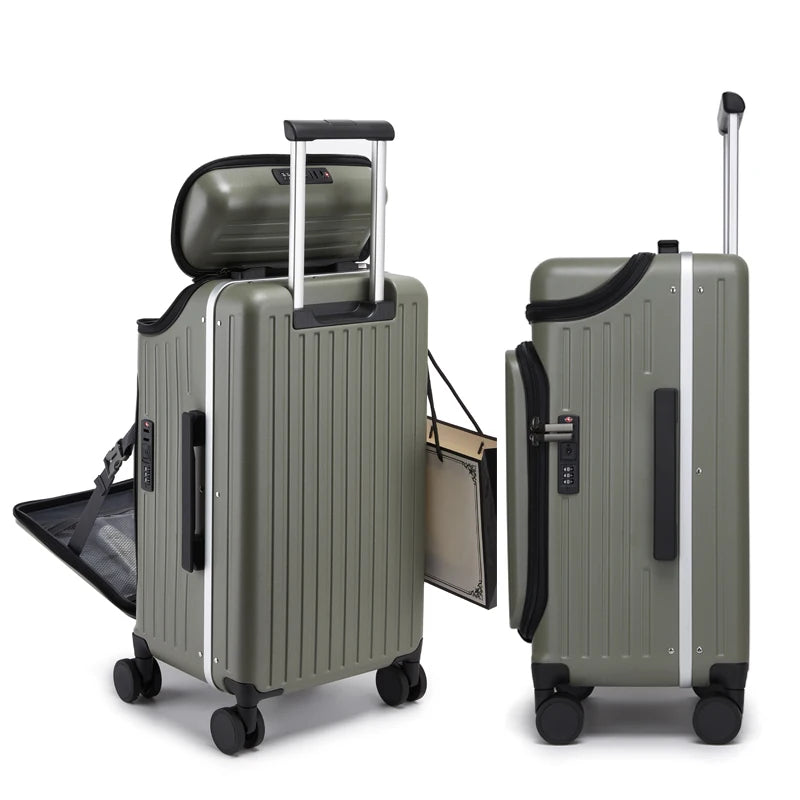 100% PC Hard Shell Luggage Front & Top Opening Suitcase with Spinner Wheels TSA Lock Laptop Compartment, Carry-On Travel Trolley