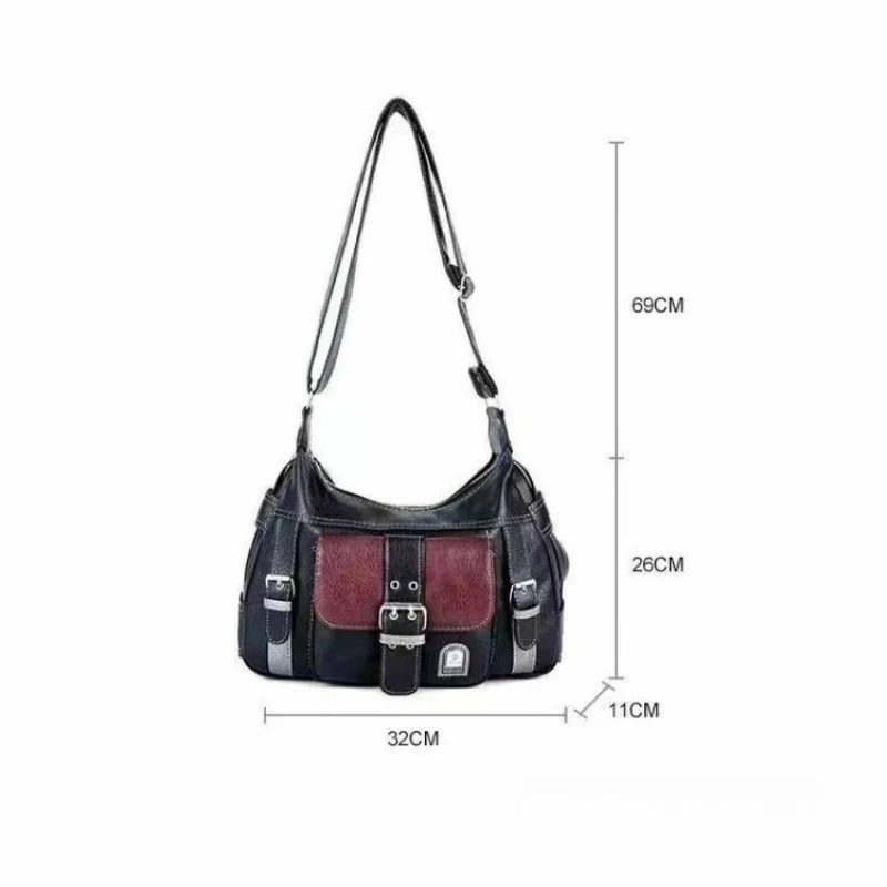 Vintage Leather Women's Bag, Y2k Spicy Girl Motorcycle Crossbody Bag, Large Capacity Contrasting Single Shoulder Bags