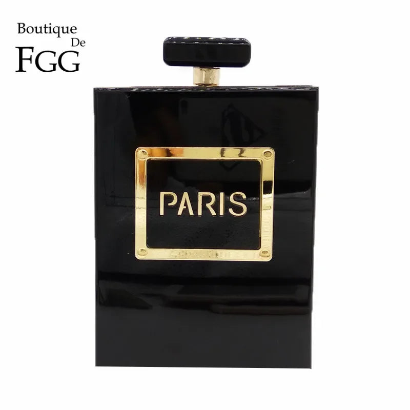 Boutique De FGG Women Fashion Clutches Purse Perfume Bottle Crossbody Shoulder Bags Laides Black Acrylic Box Clutch Evening Bag