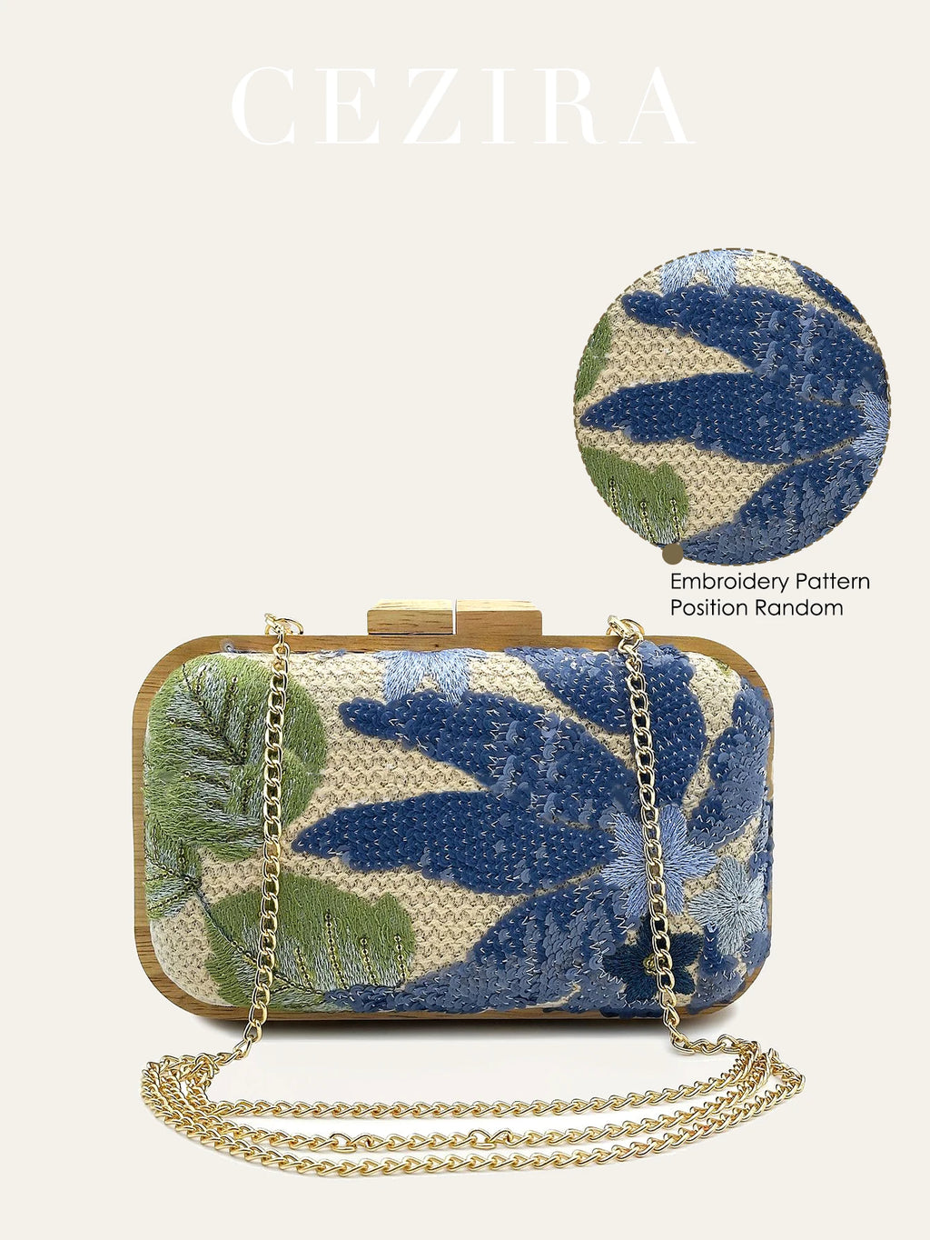 Women's Fashion Wood Kiss Lock Straw Woven Handbag Random Floral Pattern Sequined Embroidery Clutch Bag Long Chain Purse Travel