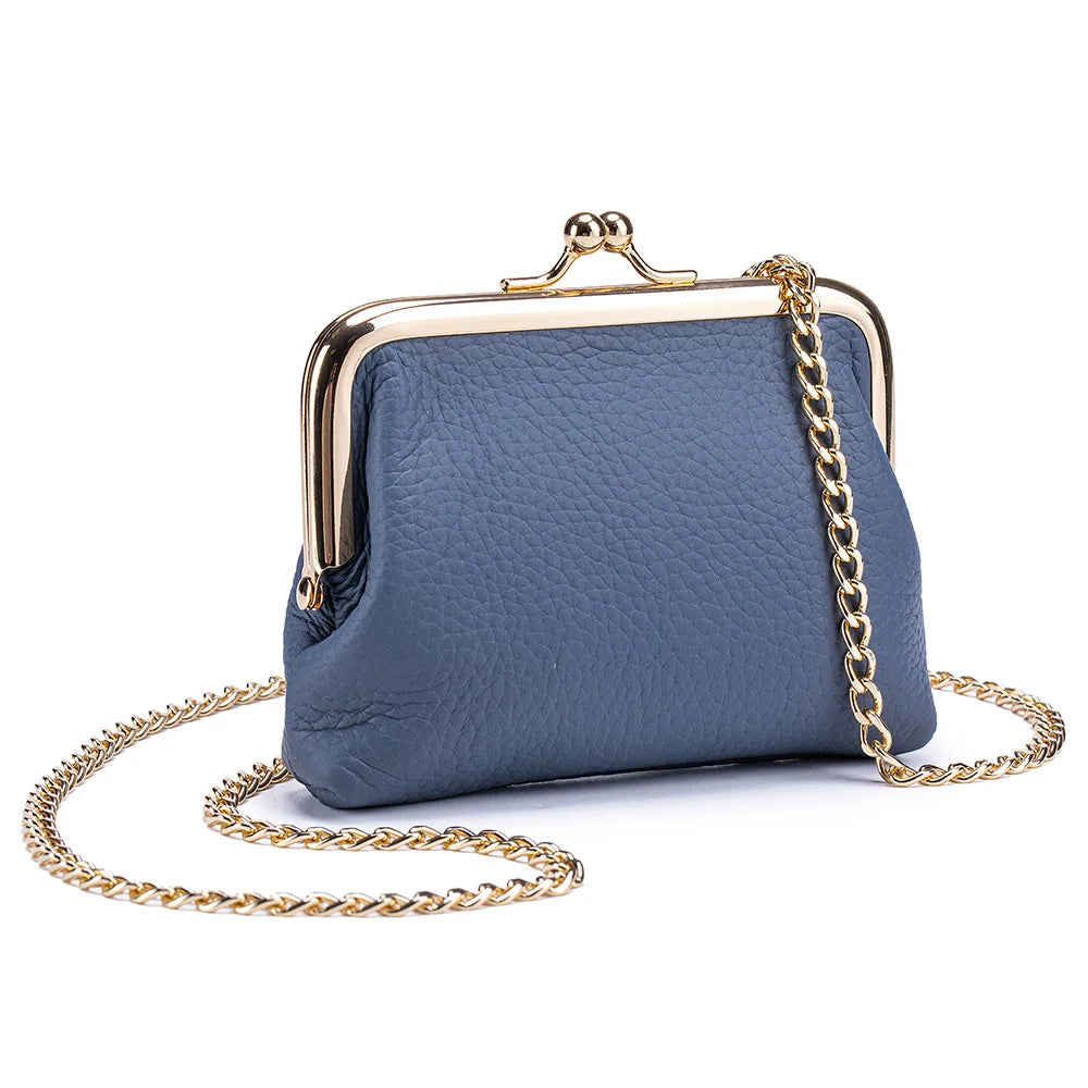 Women's Kiss Lock Crossbody Bag Genuine Leather Mini Handbags Kiss Clasp Crossbody Shoulder Bags Coin Purse Messenger Handbag