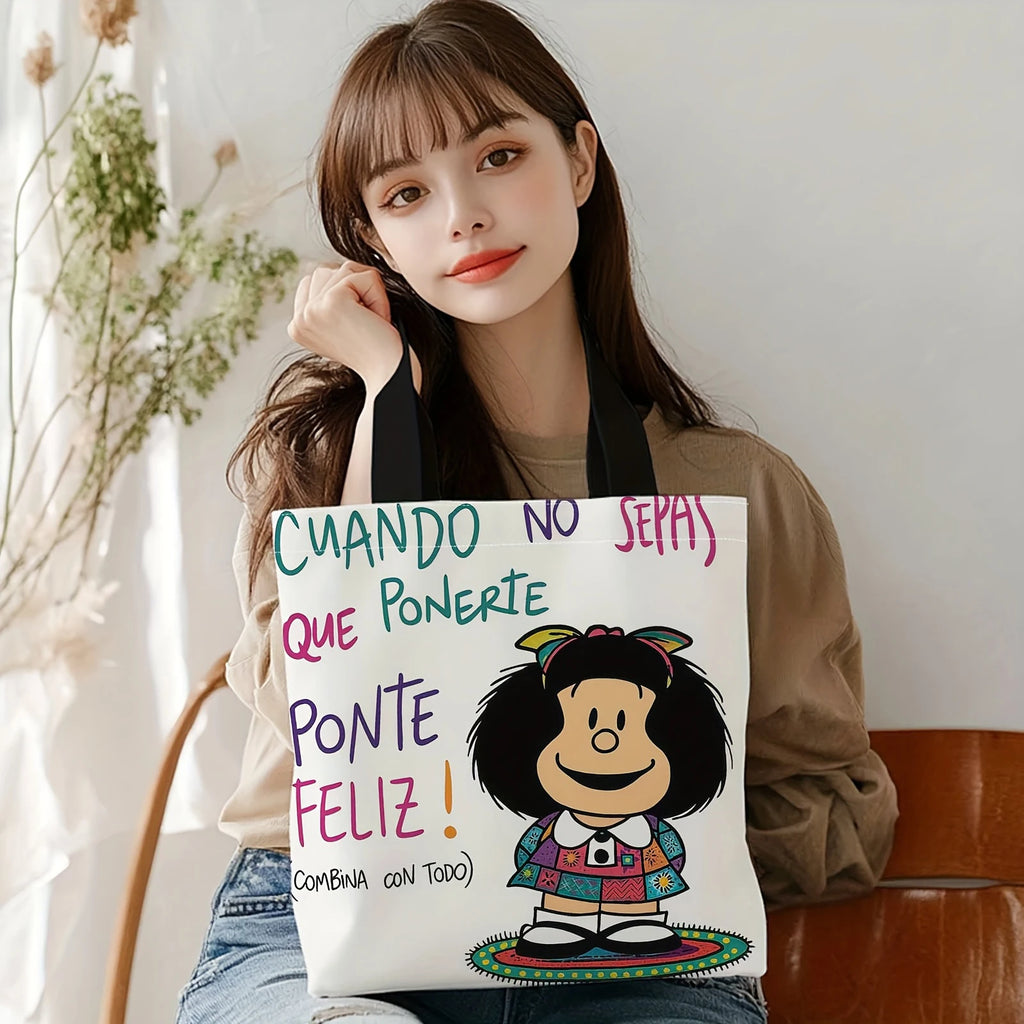 1pc Carton Print Canvas Tote Bag Women Lightweight Reusable Shoulder Bag Large Capacity Tote Bag for Student Shopping & Travel