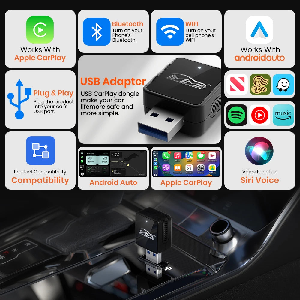 MMB Mini Ultra Wired to Wireless CarPlay Adapter Android Auto Dongle 2in1 Plug&Play for VW Haval Audi Kia Porsche Lexus 98% Cars