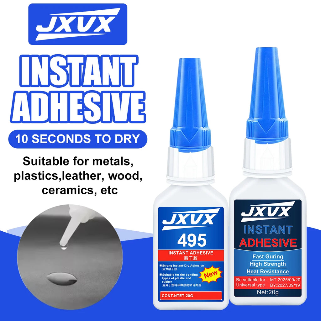 JXVX Super Instant 495 Glue,5Sec Super Glue Strong Bond for Shoes/Glass/Metal/Wood/Plastic,Ceramic Quick Dry Industrial Strength Instant Adhesive Tool