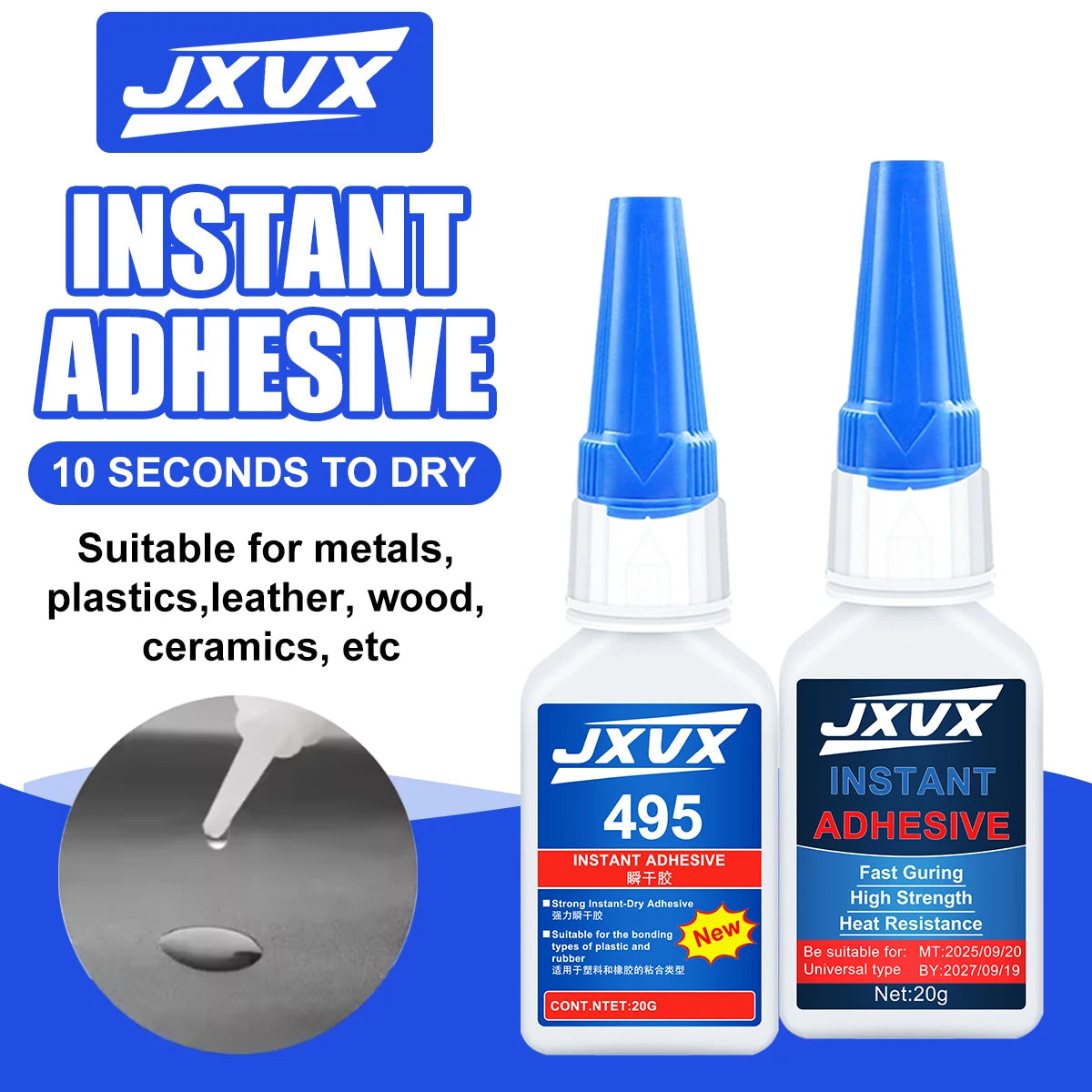 JXVX Super Instant 495 Glue,5Sec Super Glue Strong Bond for Shoes/Glass/Metal/Wood/Plastic,Ceramic Quick Dry Industrial Strength Instant Adhesive Tool