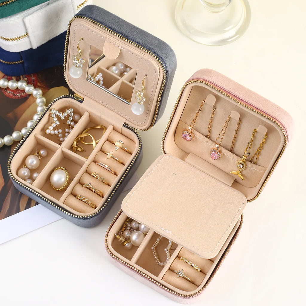 Portable Mini Velvet Travel Jewelry Box,Compact Zippered Organizer with Mirror for Rings Earrings On-the-go,Velvet Jewelry Case