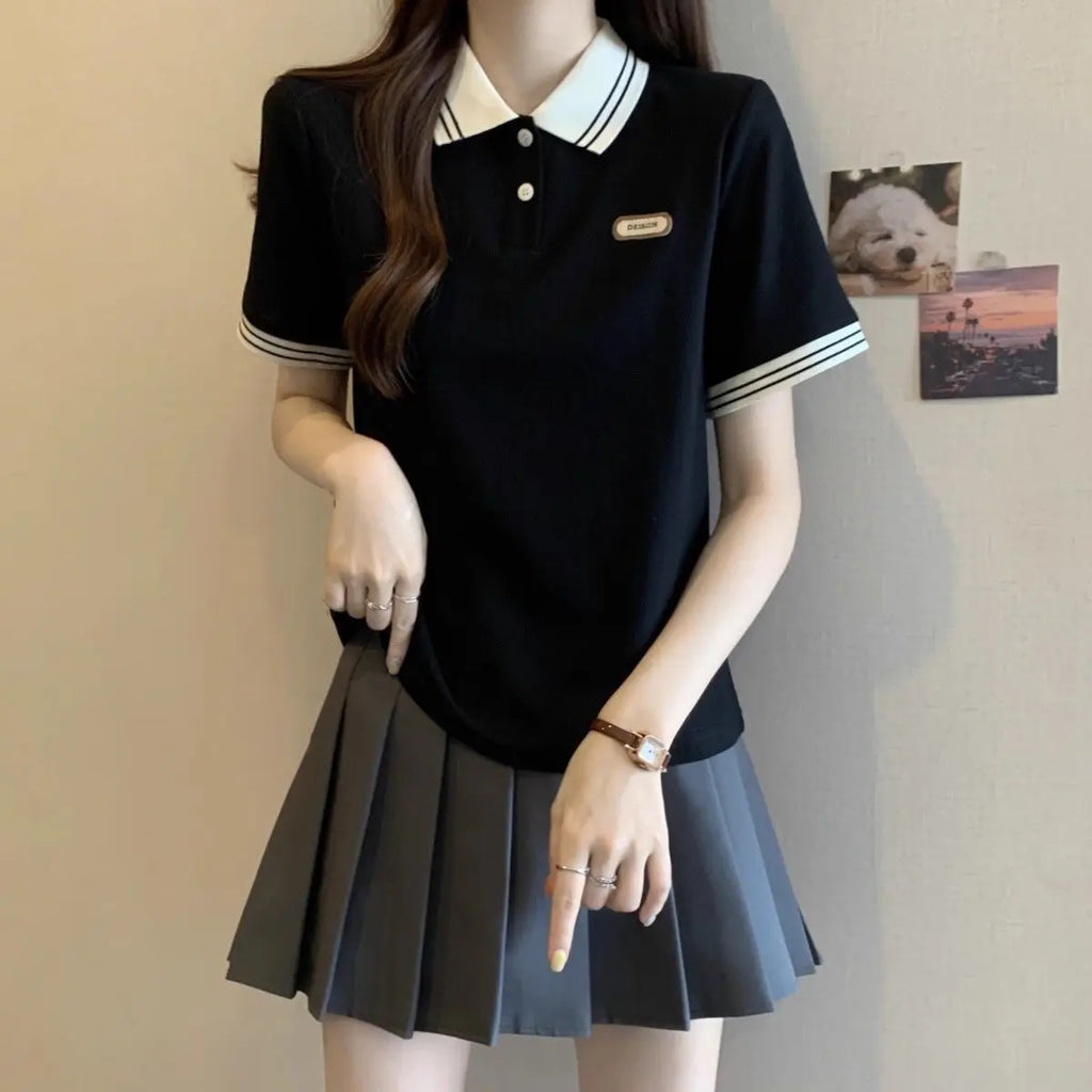 Summer Plus Size Women's New Arrival Color-Block College Style Loose Slimming Hiding Flesh Collar Short Sleeve T-Shirt