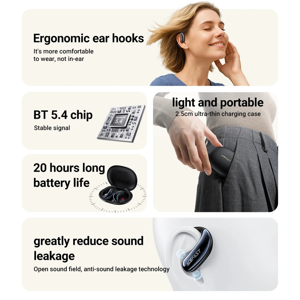 ACEFAST FA005 Open-Ear Wireless Bluetooth 5.4 Earphones ENC Call Noise Reduction Music OWS Earbuds with Ultra Thin Charging Box