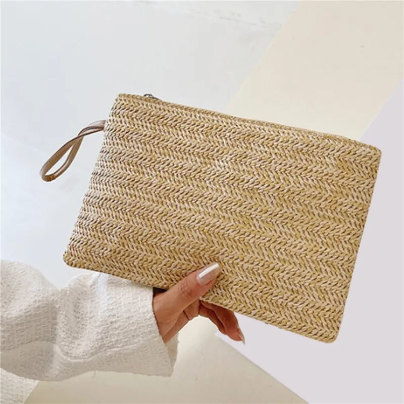 Solid Straw Woven Wristlet Clutch Bag Portable Beach Wallet Women Daily Phone Cash Storage Coin Purse Card Holder Hand Pouch