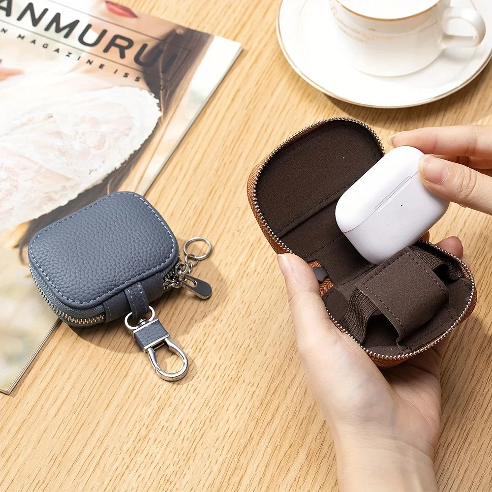 Earbud Carrying Case Small Compatible with PU Leather Earphone Case Protective Storage Pouch Bag with Mesh Pocket & Keychain for