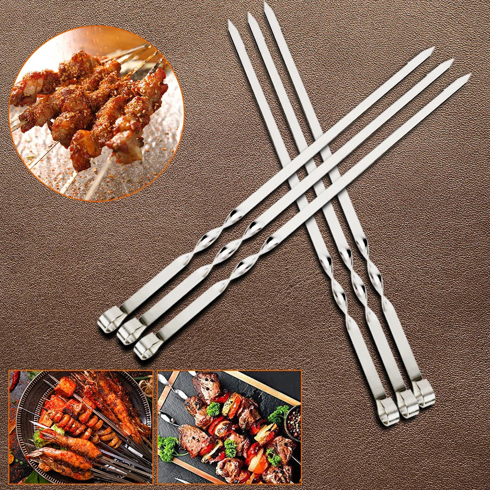 6Pcs Wide BBQ Sticks Stainless Steel Barbecue Skewer BBQ Utensil Reusable Grill Sticks Outdoor Camping Picnic Flat BBQ Fork